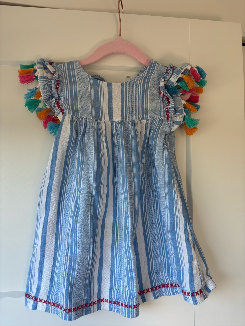 Mud Pie Blue & White Striped Dress with Colorful Tassel Sleeves